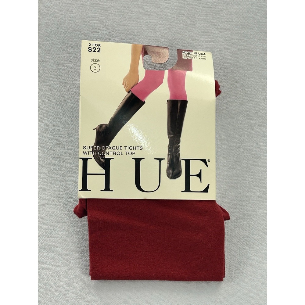 HUE Super Opaque Control Top Tights Size 3 Deep Red Made USA NWT Older Label